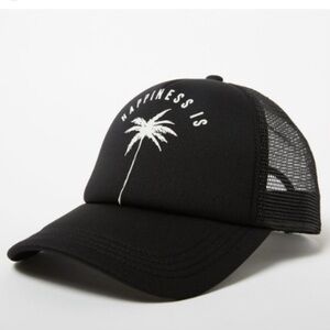 Billabong Across Waves Black Trucker Hat with Palm Tree Design Mesh Backing